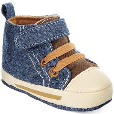 These Baby Boys' Denim High-Top Sneakers From First Impressions Will Have Him Kicking In Cute Style. He'll Sure To Be Notice When You Pair Them With His Jean, Joggers Or Shorts. Laces With Velcro Strap At Top, Upper And Sole: Cotton, Denim Sneakers, Boys Denim, Baby Sneakers, Baby Boy Shoes, Boys Sneakers, Baby Boy Fashion, Cute Style, Boy Shoes, First Impressions