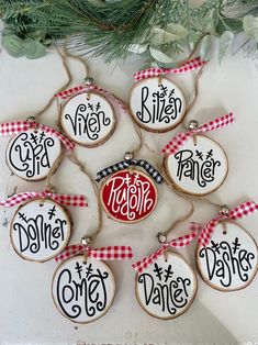 christmas ornaments are arranged on a table