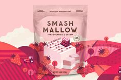 a bag of marshmallows with strawberries and cream in it on a pink background