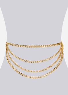 Glamour that gleams: plus size chain belt featuring extra layers provides a pop of shine to your look. Gold Double Chain Belt For Party, Gold Body Chain With Chain Strap, Chic Gold Double Chain Belt, Chic Gold Chain Belt With Double Chain, Chic Gold-tone Chain Belt For Party, Chic Gold Metal Body Chain, Chic Gold-tone Chain Strap Belt, Gold Metal Chain Belt With Chain Print, Gold Waist Chain With Chain Strap For Party