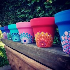 the colorful cups are lined up on the wooden ledge outside in front of some bushes