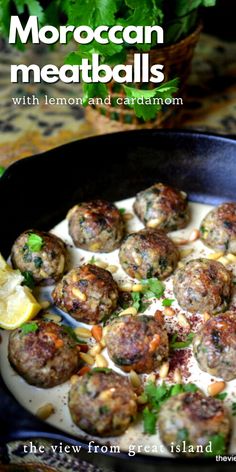 the cover of moroccan meatballs with lemon and cardamon is shown in a skillet