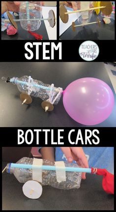 STEM Challenge featuring rolling and zipping along! Elementary students create a car using an empty plastic bottle and then try to use the dynamics of Newton's Laws of Motion to make the car travel on a straight path with the most acceleration and distanc Newtons Laws Of Motion, Elementary Stem Activities, Laws Of Motion, Stem Projects For Kids, Stem Classes, Stem Elementary