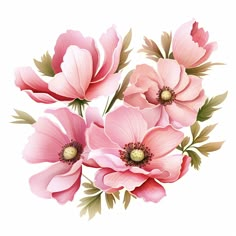 pink flowers with green leaves are arranged in a bouquet on a white background, illustration