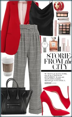 Red Pumps Outfit Work, Black White And Red Outfits Classy, Red Blazer Black Pants Outfit, Red Shirt Work Outfit, Red Blazer Work Outfit, Red Heels Outfit Work, Red Slacks Outfit, Red Plaid Blazer Outfit, Red Blazer Outfits For Women