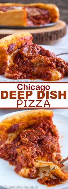 chicago deep dish pizza on a white plate