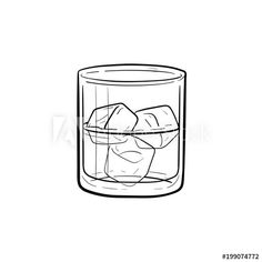 a glass filled with ice cubes on top of a white background, hand drawn