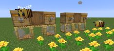 two small wooden buildings sitting in the middle of a field with daffodils