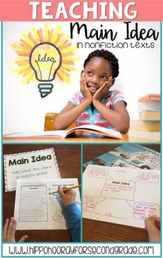 a collage of pictures with the words teaching main idea and an image of a child reading