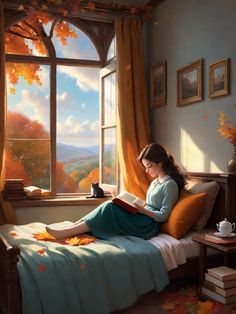 a painting of a woman sitting on a bed in front of a window reading a book