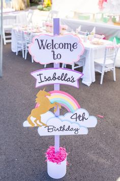 a sign that says welcome to idaho's 4th birthday and has a unicorn on it