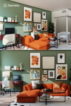 two pictures of a living room with orange couches and art on the green wall