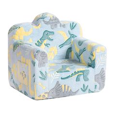 a blue and yellow chair with dinosaurs on it