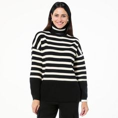 WynneLayers SoftKNIT Striped Turtleneck Sweater  Who doesn't love a classic striped turtleneck? This cuddle-worthy dropped-shoulder sweater is just what your cold-weather wardrobe needs. Striped Turtleneck Sweater, Jersey Sweater, Wardrobe Needs, Drop Shoulder Sweaters, Striped Turtleneck, Draped Fabric, Shoulder Sweater, Easy Wear, Love A