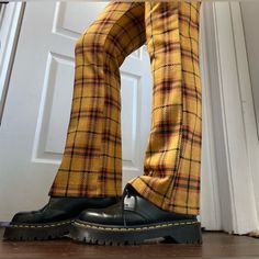 These Plaid Pants Are New Without Tags. The Quality Is Amazing. The Pattern Is A Gold / Yellow And Black Plaid. Size Xs. The Pants Are Like A Straight Pants But When You Put Them On, It Looks More Like A Mini Flare. The Material Is Stretchy But At The Same Time It’s On The Thicker Side So It Doesn’t Wrinkle Easily And It Holds You In Around The Waist Line. Yellow Wide Leg Bottoms For Fall, Trendy Mustard Pants For Fall, Casual Fitted Yellow Bottoms, Trendy High Waist Mustard Pants, Casual Full-length Yellow Bottoms, High-waisted Yellow Pants For Fall, Casual Fitted Mustard Pants, Yellow Pants For Fall Workwear, Trendy Yellow Workwear Bottoms