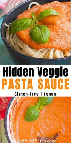 two pictures with different types of pasta sauce in them and the title hidden veggie pasta sauce