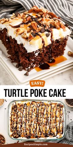 an easy turtle poke cake recipe with chocolate, marshmallows and pecans