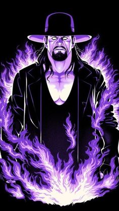 a man with a hat on and purple flames around his body in front of him