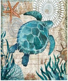 a painting of a turtle swimming in the ocean with starfishs and other marine life