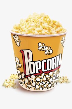 a popcorn bucket full of popcorn on a white background