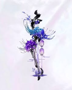 a vase filled with purple and blue flowers