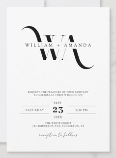 an elegant black and white wedding card with the letter w in cursive font