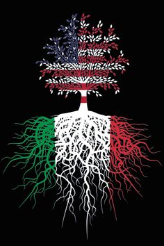 a tree with roots in the colors of italy and green, red, white and blue