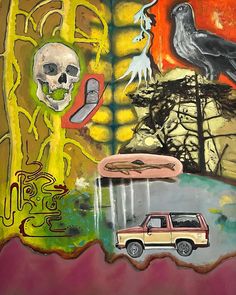 a painting with an image of a bird and a car