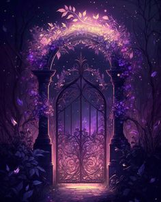 an open gate in the middle of a forest with purple flowers and leaves on it