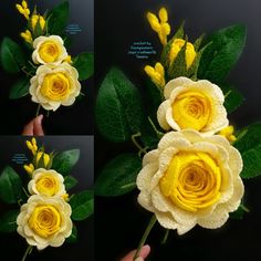 three pictures of yellow flowers with green leaves on them and the same one being held by someone's hand