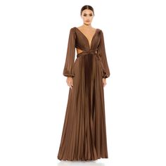 Pristine Condition Size Us 12 $498 Ieena For Mac Duggal Pleated Satin Fabric (100% Polyester) Fully Lined Through Body Plunge Neckline Long Sleeves Crisscross Open Back Concealed Back Zipper Approx. 62.5" From Top Of Shoulder To Bottom Hem Available In Espresso (Brown) Style #26737 Our Products Are 100% Genuine. In All Cases We Stand By The Authenticity Of Every Product Sold. Our Clothing, Handbags, Shoes May Have A Black Or Red Line Strikethrough Label. If Strikethrough Is Present, The Item Was Designer Formal Dresses, Cutout Gown, A Line Evening Dress, Mac Duggal, Pleated Fabric, A Line Gown, Party Inspiration, Comfortable Dress, Brown Fashion