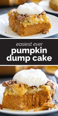 two slices of pumpkin dump cake on white plates