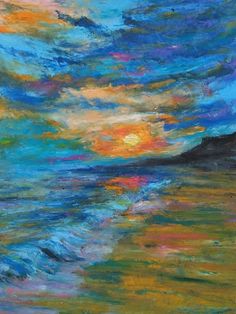 an oil painting of the sun setting over the ocean with clouds in the sky and water below