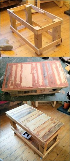 two pictures showing the process of making a coffee table out of pallet wood and plywood