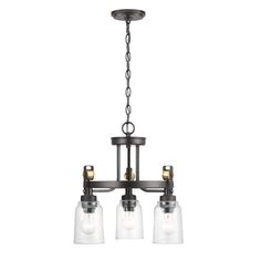 three light chandelier with glass shades on the bottom and two lights hanging from the ceiling