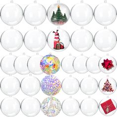 christmas baubles are arranged on a white background with presents in the bottom right corner