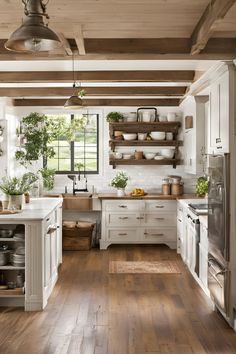 a kitchen with wooden floors and white cabinets, open shelving above the stove top