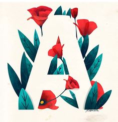 the letter a is surrounded by flowers and leaves