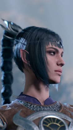 a close up of a person wearing an armor and headpiece with hair in it