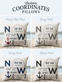 four pillows with different designs on them and the words, coordinatess, and numbers