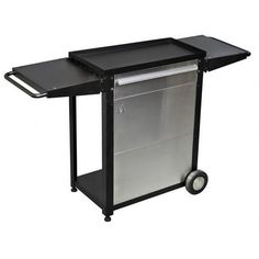 a black and silver cart with wheels on the bottom is holding a tray for food