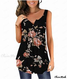 Olivia Mark - Loose-Fit Sleeveless Printed Tank Top Tops For Women Casual, Sleeveless Tops Summer, Casual Tunics, Blouse Short Sleeve, Flowy Blouse, Casual Tank Tops, Casual Blouse, Sleeveless Tank Top, Sleeveless Tank