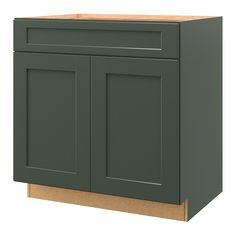 a green cabinet with two doors and one drawer on the bottom, is shown in front of a white background