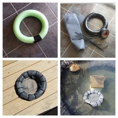 four pictures showing different types of items in the process of being put into a pond