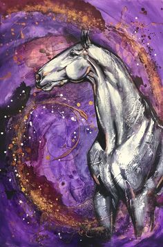 a painting of a white horse in purple and gold