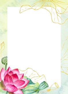 a watercolor painting of a pink flower and leaves with a white paper in the middle