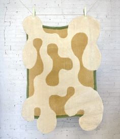 an animal rug hanging on a clothes line in front of a white brick wall with green trim