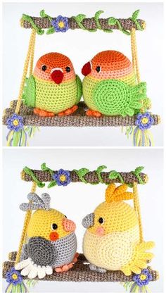 two crocheted birds sitting on top of a swing