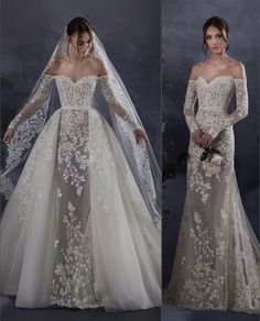 two pictures of the same wedding dress, one in white and one in beige with flowers