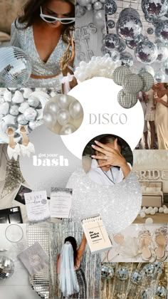 a collage of different images with the words disco in white and silver on it